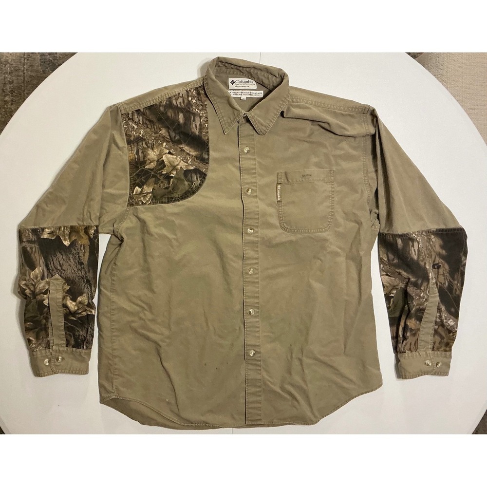 VTG Columbia Mens Shooting Shirt Khaki Tan Camo Quilted Shoulder Pad Cotton L